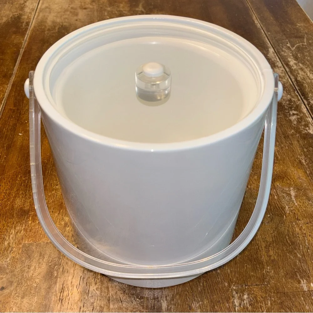 Vintage White Vinyl Ice Bucket with Lucite Handle and Lid